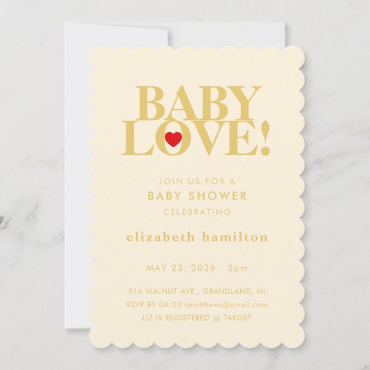 BABY LOVE! Bold Cream Gold Baby Shower Invitation Kaart (Voorkant)