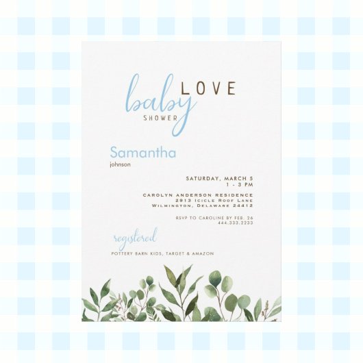Baby Love Botanical Icy Blue Baby Shower Kaart