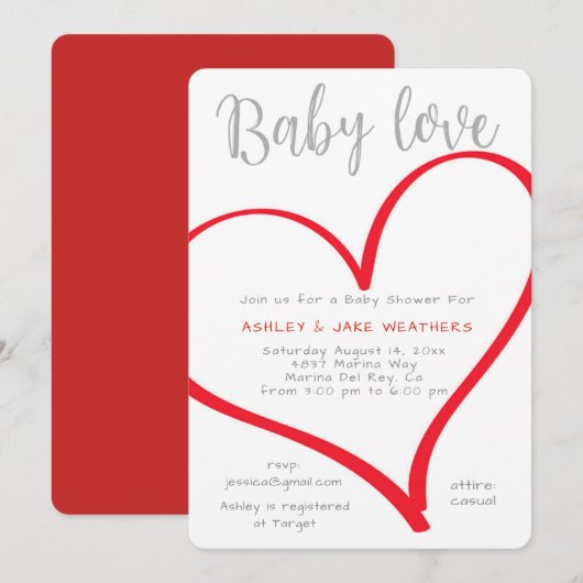 Baby Love Heart Baby shower Uitnodiging (Voorkant / Achterkant)