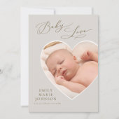 Baby Love Heart Shaped Photo Birth Announounding Kaart (Voorkant)