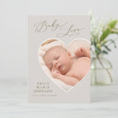 Baby Love Heart Shaped Photo Birth Announounding Kaart (Staand voorkant)