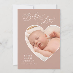 Baby Love Mauve Heart Foto Birth Announding Kaart