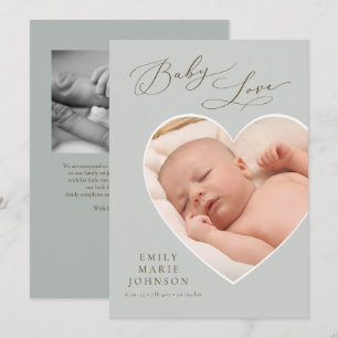 Baby Love Neutral Heart Photo Birth Announounter Kaart