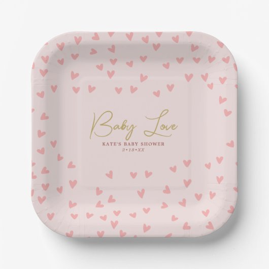 Baby Love Pink Hearts Girl Baby shower Papieren Bordje (Voorkant)