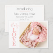 Baby Love Pink Typography Foto Birth Announounding (Voorkant / Achterkant)