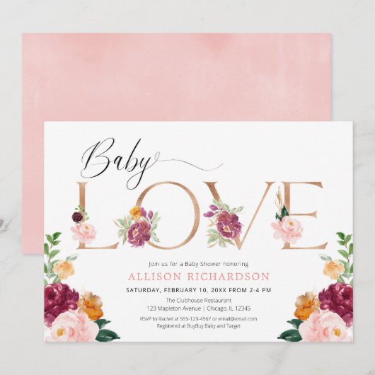 Baby Love roos Gold Bourgogne Blush Meisje Douche Kaart (Voorkant / Achterkant)