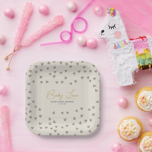 Baby Love Taupe Hearts Gender Neutral Baby shower Papieren Bordje (Feest)