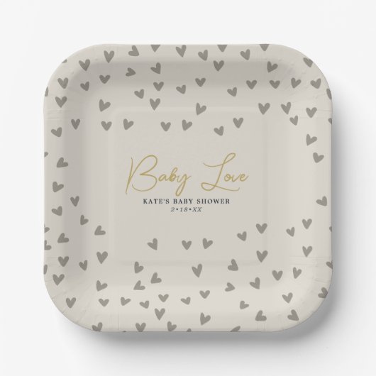 Baby Love Taupe Hearts Gender Neutral Baby shower Papieren Bordje (Voorkant)