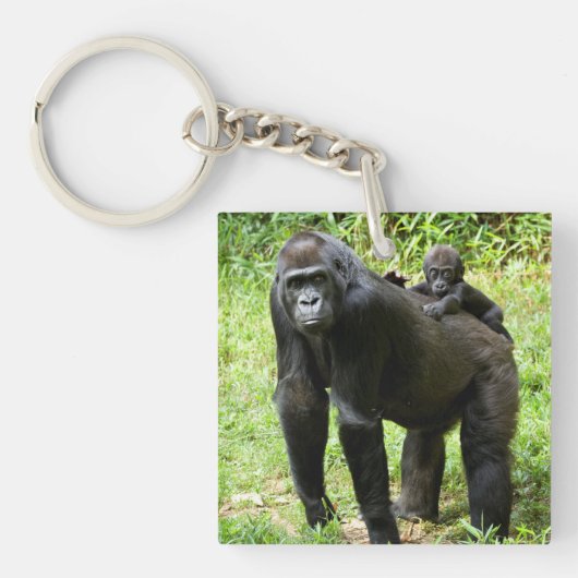 Baby Lowland Gorilla op moeders rug Sleutelhanger (Voorkant)