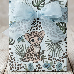 Baby Luipaard Blauw Safari Kids Jungle Patroon Cadeaupapier