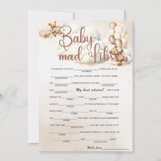 BABY MAD LIBS Baby shower Game Schattige Beer Kaart (Voorkant)