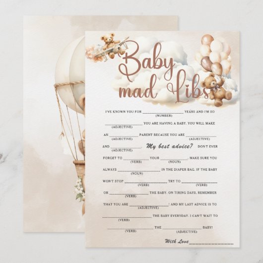 BABY MAD LIBS Baby shower Game Schattige Beer Kaart (Voorkant / Achterkant)