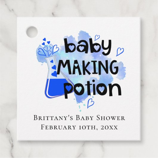 Baby Making Potion Blauwe Harten Mini fles Bedankjes Labels (Voorkant)
