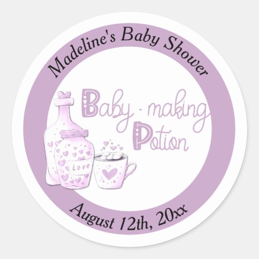 Baby Making Potion Lila Baby shower Favor Ronde Sticker (Voorkant)