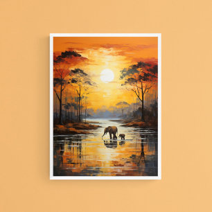 Baby & mama olifant genieten van zonsondergang, ku poster