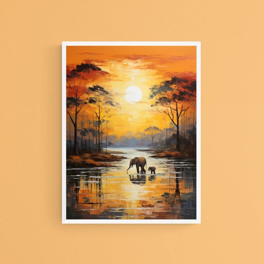 Baby & mama olifant genieten van zonsondergang, ku poster