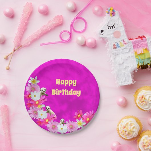 Baby Meerkat en bloemen, Borden van vogelpapier Papieren Bordje (Feest)