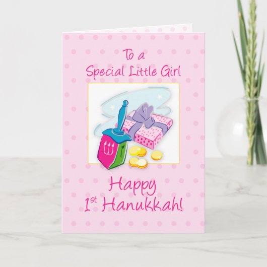 Baby Meisje 1e Chanoeka Roze met Dreidel Gift Kaart (Voorkant)