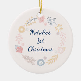 Baby Meisje 1e Kerstmis Roze Botanische Foto Keramisch Ornament