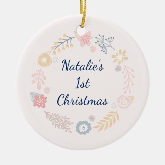 Baby Meisje 1e Kerstmis Roze Botanische Foto Keramisch Ornament (Voorkant)