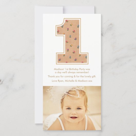  Baby Meisje 1e Verjaardag Dank u PhotoCard Bedankkaart (Voorkant)