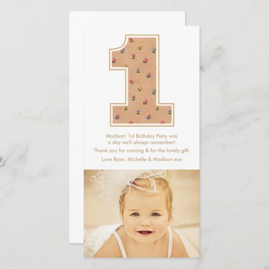  Baby Meisje 1e Verjaardag Dank u PhotoCard Bedankkaart (Voorkant / Achterkant)