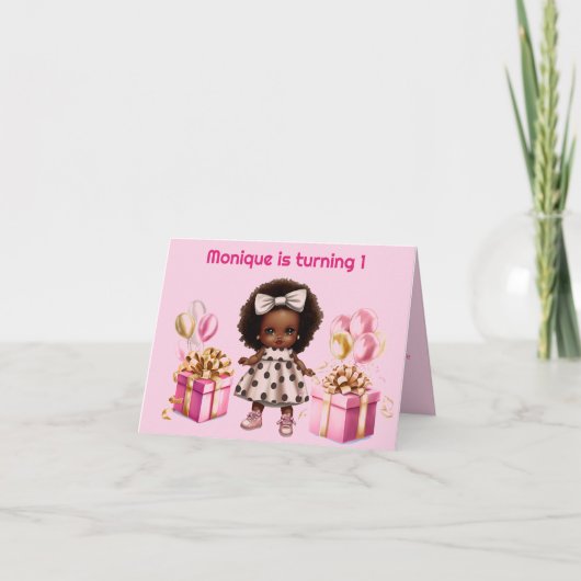 Baby Meisje 1e Verjaardag Donkere Huid Curls Roze (Voorkant)