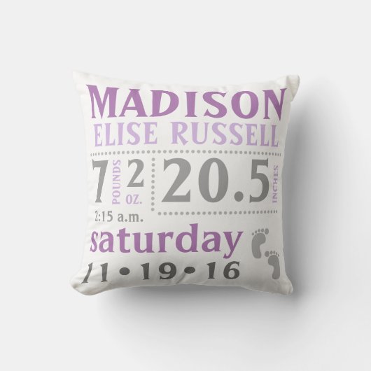 Baby Meisje Aankondiging Kussen Paarse Grijs (Voorkant)