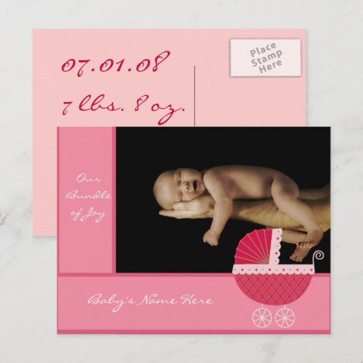 Baby Meisje Aankondiging - Roze Baby Buggy (Voorkant / Achterkant)