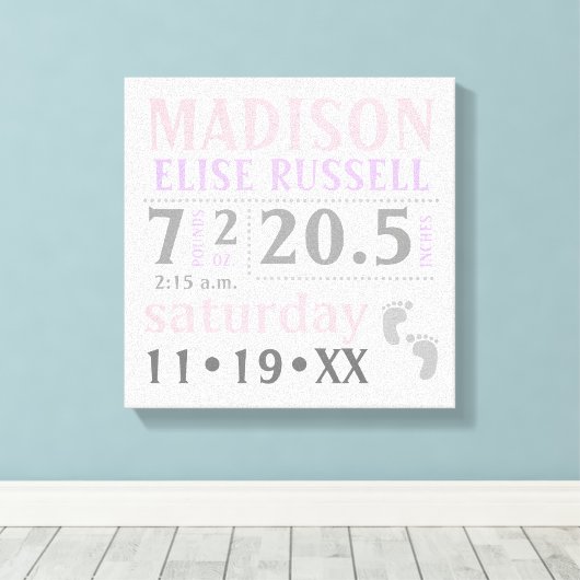 Baby Meisje Aankondiging, roze, paarse, grijs Canvas Afdruk (Insitu (Houten vloer))