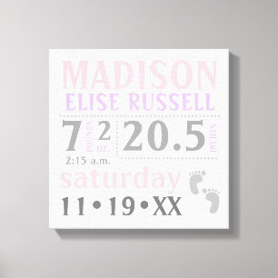 Baby Meisje Aankondiging, roze, paarse, grijs Canvas Afdruk