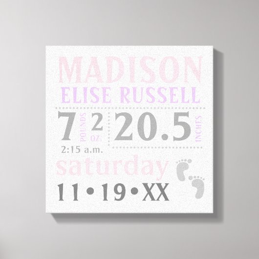 Baby Meisje Aankondiging, roze, paarse, grijs Canvas Afdruk (Voorkant)