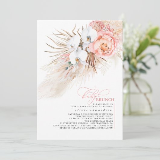 Baby Meisje Baby shower Roze Bloemen Pampas Grass Kaart (Staand voorkant)