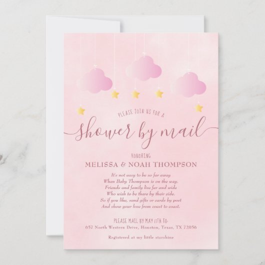 Baby Meisje Baby Shower Roze Uitnodiging per Post (Voorkant)