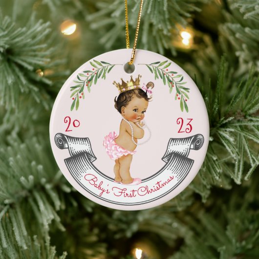  Baby Meisje Baby's Eerste Kerstmis Rood Roze Keramisch Ornament (Boom)