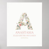 Baby Meisje Bloem Persoonlijke Naam en Geboortedat Poster (Voorkant)