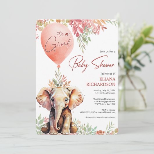 Baby Meisje blush roze ballon olifant baby shower Kaart (Staand voorkant)