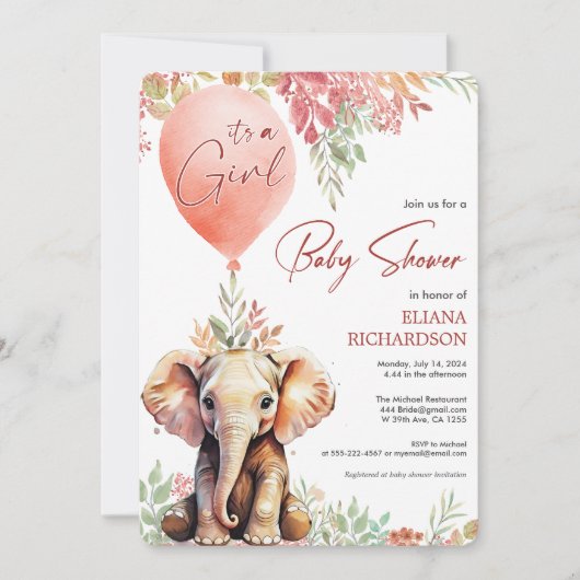 Baby Meisje blush roze ballon olifant baby shower Kaart (Voorkant)