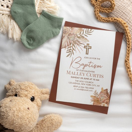 Baby Meisje Boho Bloemen Bruin Doop Uitnodiging