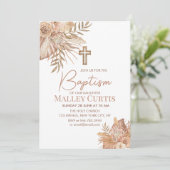 Baby Meisje Boho Bloemen Bruin Doop Uitnodiging (Staand voorkant)