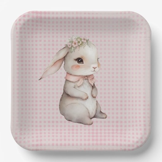 Baby Meisje Boho Bunny Op Gingham Papieren Bordje (Voorkant)