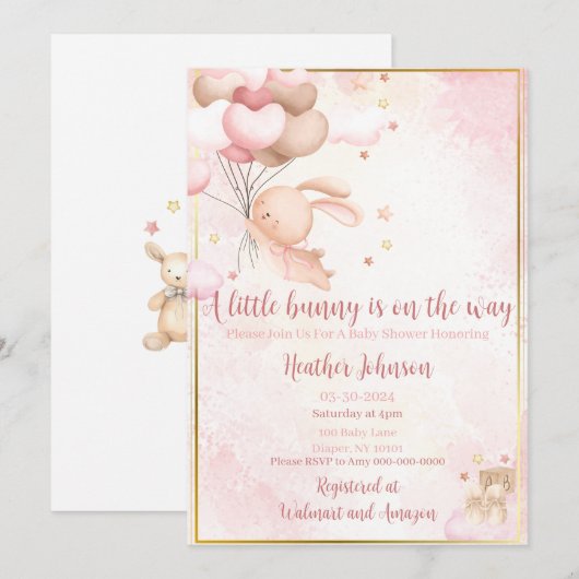 Baby Meisje Bunny Baby shower Kaart (Voorkant / Achterkant)