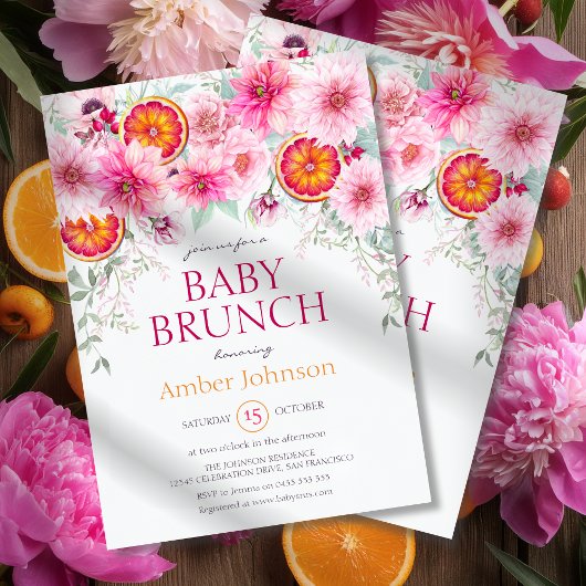 Baby Meisje Citrus en Pink Flowers Baby shower Kaart