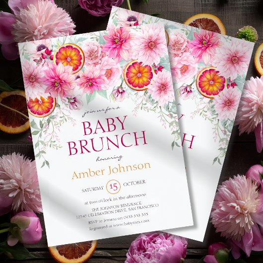 Baby Meisje Citrus en Pink Flowers Baby shower Kaart
