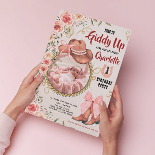 Baby Meisje Cowgirl Roze bloem 1e Verjaardag Foto Kaart