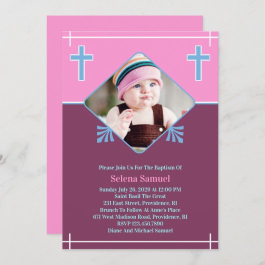 Baby Meisje Doop Foto Platte Uitnodiging (Voorkant / Achterkant)