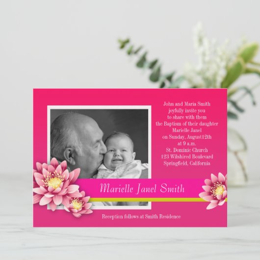 Baby Meisje Doop Fuschia Roze Lotus Bloom Kaart (Staand voorkant)