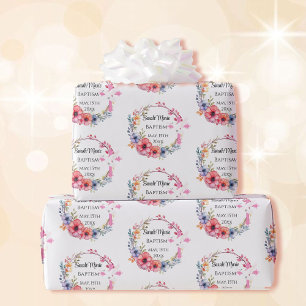 Baby Meisje Doop Naam Datum Roze Bloemen Cross Dov Cadeaupapier