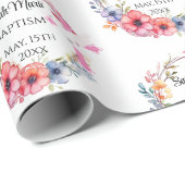 Baby Meisje Doop Naam Datum Roze Bloemen Cross Dov Cadeaupapier (Rol Hoek)
