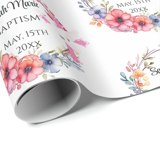 Baby Meisje Doop Naam Datum Roze Bloemen Cross Dov Cadeaupapier (Rol Hoek)